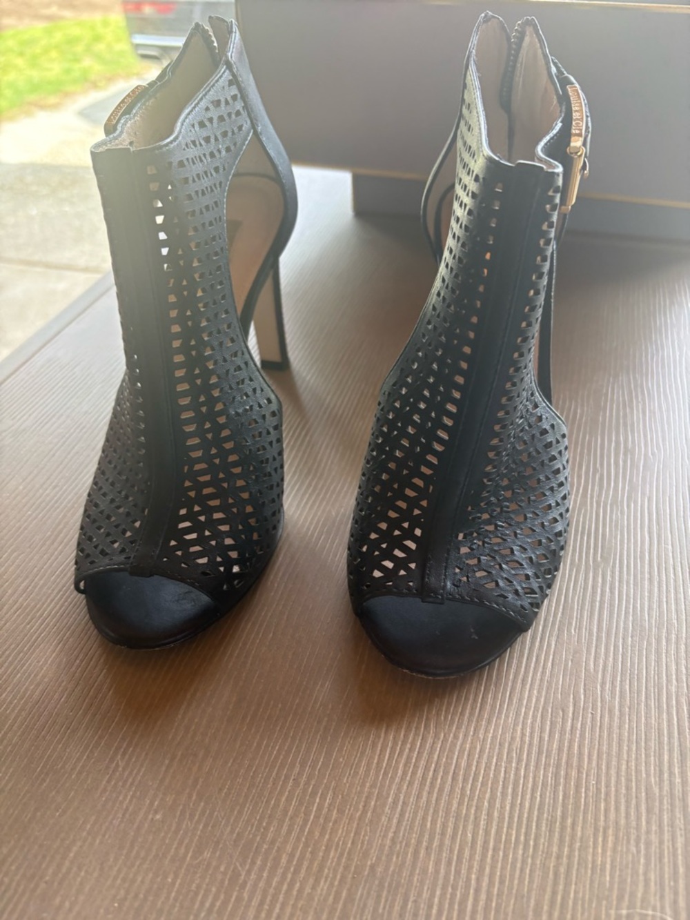 Louise et Cie Black Laser-Cut Peep Toe Stiletto Booties